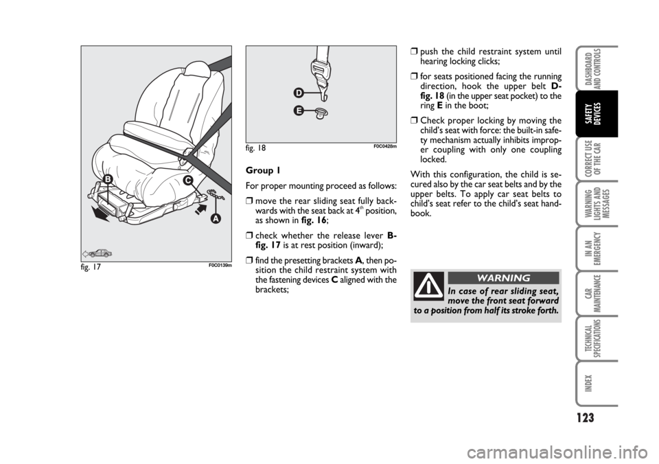 FIAT STILO 2006 1.G Owners Manual 123
CORRECT USE
OF THE CAR
WARNING
LIGHTS AND
MESSAGES
IN AN
EMERGENCY
CAR
MAINTENANCE
TECHNICAL
SPECIFICATIONS
INDEX
DASHBOARD
AND CONTROLS
SAFETY
DEVICES
Group 1
For proper mounting proceed as follo