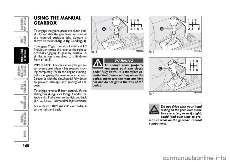 FIAT STILO 2006 1.G Owners Manual 140
WARNING
LIGHTS AND
MESSAGES
IN AN
EMERGENCY
CAR
MAINTENANCE
TECHNICAL
SPECIFICATIONS
INDEX
DASHBOARD
AND CONTROLS
SAFETY
DEVICES
CORRECT USE 
OF THE CAR
USING THE MANUAL
GEARBOX
To engage the gear
