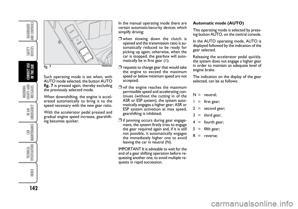 FIAT STILO 2006 1.G Workshop Manual 142
WARNING
LIGHTS AND
MESSAGES
IN AN
EMERGENCY
CAR
MAINTENANCE
TECHNICAL
SPECIFICATIONS
INDEX
DASHBOARD
AND CONTROLS
SAFETY
DEVICES
CORRECT USE 
OF THE CARSuch operating mode is set when, with
AUTO m