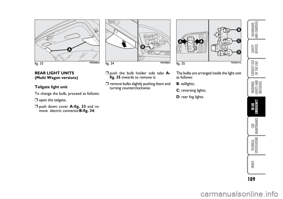FIAT STILO 2006 1.G Owners Manual 189
WARNING
LIGHTS AND
MESSAGES
CAR
MAINTENANCE
TECHNICAL
SPECIFICATIONS
INDEX
DASHBOARD
AND CONTROLS
SAFETY
DEVICES
CORRECT USE
OF THE CAR
IN AN
EMERGENCY
REAR LIGHT UNITS 
(Multi Wagon versions)
Tai