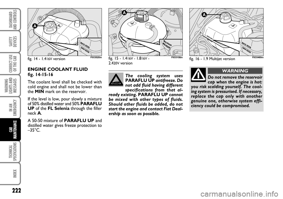 FIAT STILO 2006 1.G Owners Manual 222
WARNING
LIGHTS AND
MESSAGES
TECHNICAL
SPECIFICATIONS
INDEX
DASHBOARD
AND CONTROLS
SAFETY
DEVICES
CORRECT USE
OF THE CAR
IN AN
EMERGENCY
CAR
MAINTENANCE
ENGINE COOLANT FLUID 
fig. 14-15-16
The cool