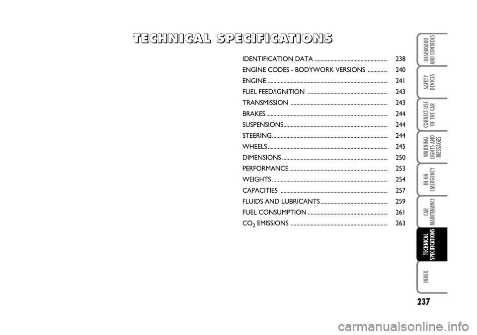 FIAT STILO 2006 1.G Owners Manual 237
WARNING
LIGHTS AND
MESSAGES
INDEX
DASHBOARD
AND CONTROLS
SAFETY
DEVICES
CORRECT USE
OF THE CAR
IN AN
EMERGENCY
CAR
MAINTENANCE
TECHNICAL
SPECIFICATIONS
IDENTIFICATION DATA ........................