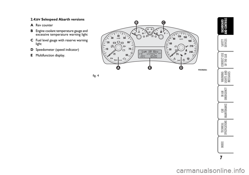 FIAT STILO 2006 1.G Owners Manual 7
SAFETY
DEVICES
CORRECT USE
OF THE CAR
WARNING
LIGHTS AND
MESSAGES
IN AN
EMERGENCY
CAR
MAINTENANCE
TECHNICAL
SPECIFICATIONS
INDEX
DASHBOARD
AND CONTROLS
2.420VSelespeed Abarth versions
ARev counter
B