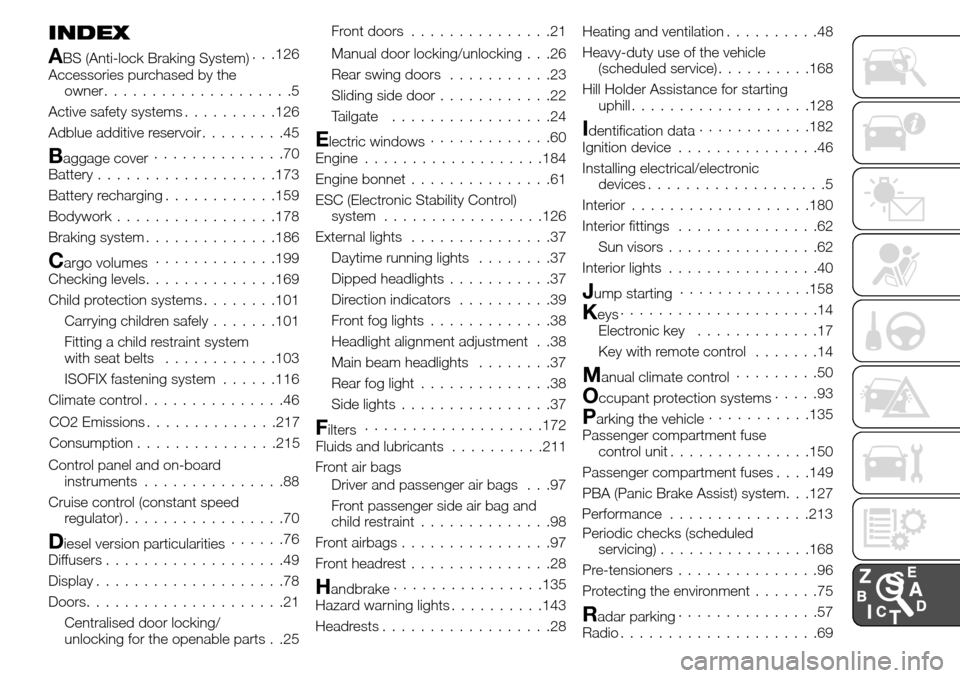 FIAT TALENTO 2016 2.G Manual PDF INDEX
ABS (Anti-lock Braking System). . .126
Accessories purchased by the
owner....................5
Active safety systems..........126
Adblue additive reservoir.........45
Baggage cover..............
