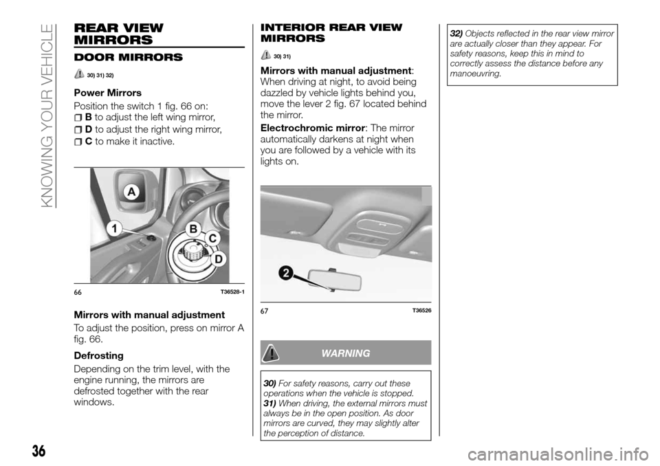 FIAT TALENTO 2016 2.G Owners Guide REAR VIEW
MIRRORS
DOOR MIRRORS
30) 31) 32)
Power Mirrors
Position the switch 1 fig. 66 on:
Bto adjust the left wing mirror,
Dto adjust the right wing mirror,
Cto make it inactive.
Mirrors with manual FIAT TALENTO 2016 2.G Owners Guide REAR VIEW
MIRRORS
DOOR MIRRORS
30) 31) 32)
Power Mirrors
Position the switch 1 fig. 66 on:
Bto adjust the left wing mirror,
Dto adjust the right wing mirror,
Cto make it inactive.
Mirrors with manual