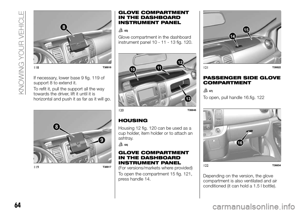 FIAT TALENTO 2016 2.G Owners Manual If necessary, lower base 9 fig. 119 of
support 8 to extend it.
To refit it, pull the support all the way
towards the driver, lift it until it is
horizontal and push it as far as it will go.
GLOVE COMP FIAT TALENTO 2016 2.G Owners Manual If necessary, lower base 9 fig. 119 of
support 8 to extend it.
To refit it, pull the support all the way
towards the driver, lift it until it is
horizontal and push it as far as it will go.
GLOVE COMP