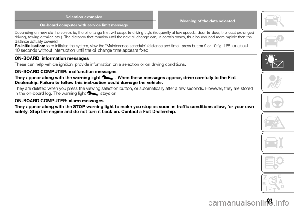 FIAT TALENTO 2016 2.G Owners Manual Selection examples
Meaning of the data selected
On-board computer with service limit message
Depending on how old the vehicle is, the oil change limit will adapt to driving style (frequently at low sp FIAT TALENTO 2016 2.G Owners Manual Selection examples
Meaning of the data selected
On-board computer with service limit message
Depending on how old the vehicle is, the oil change limit will adapt to driving style (frequently at low sp