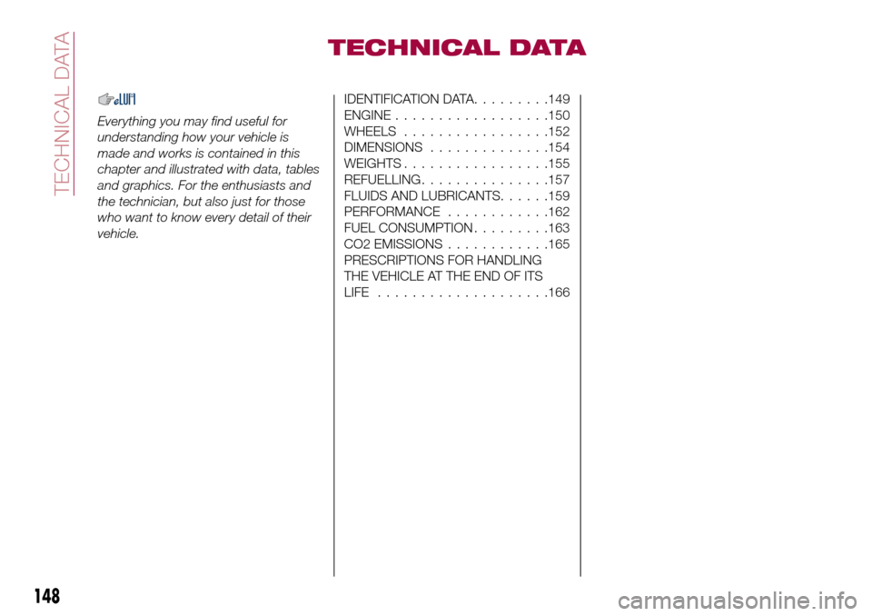 FIAT TIPO 4DOORS 2016 1.G Owners Manual TECHNICAL DATA
Everything you may find useful for
understanding how your vehicle is
made and works is contained in this
chapter and illustrated with data, tables
and graphics. For the enthusiasts and
