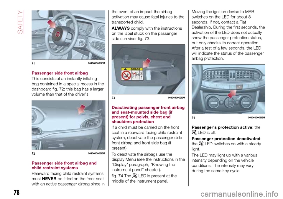 FIAT TIPO 4DOORS 2016 1.G Owners Manual Passenger side front airbag
This consists of an instantly inflating
bag contained in a special recess in the
dashboard fig. 72; this bag has a larger
volume than that of the drivers.
Passenger side f