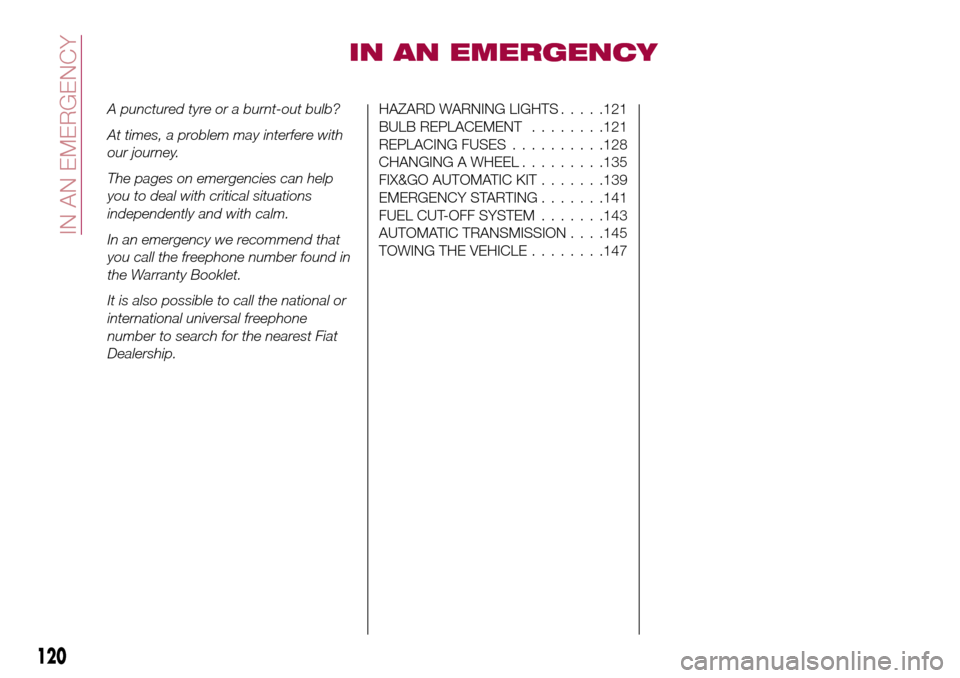 FIAT TIPO 4DOORS 2017 1.G Manual PDF IN AN EMERGENCY
A punctured tyre or a burnt-out bulb?
At times, a problem may interfere with
our journey.
The pages on emergencies can help
you to deal with critical situations
independently and with 