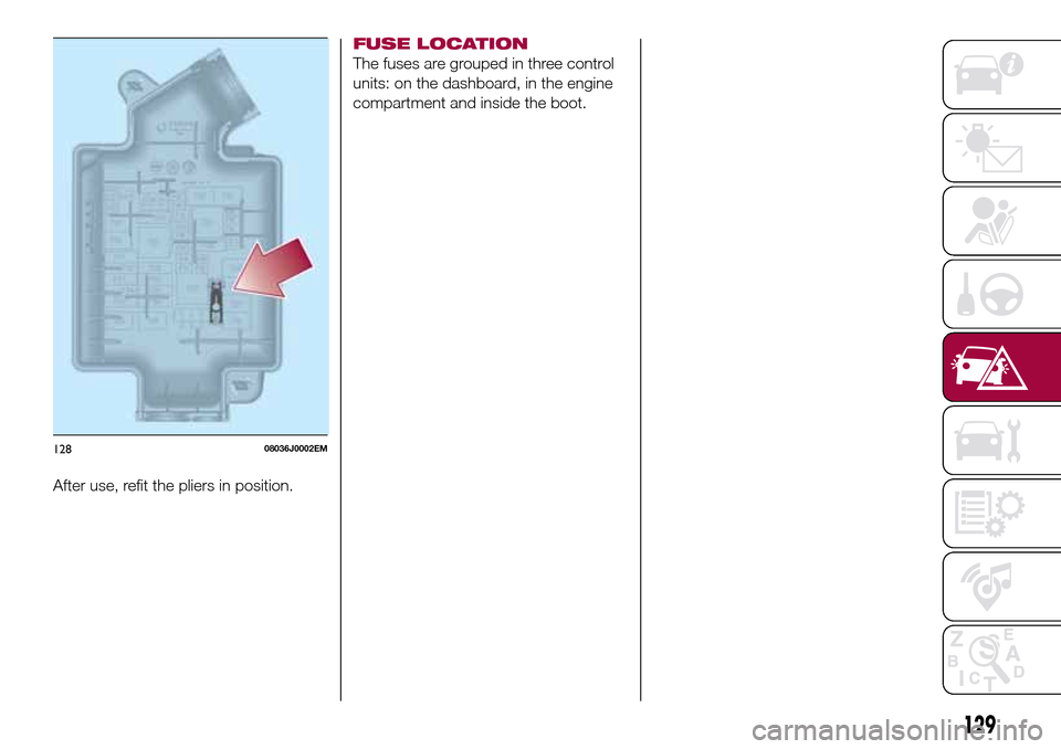 FIAT TIPO 4DOORS 2017 1.G Owners Manual After use, refit the pliers in position.
FUSE LOCATION
The fuses are grouped in three control
units: on the dashboard, in the engine
compartment and inside the boot.
12808036J0002EM
129 