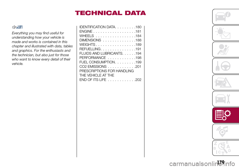 FIAT TIPO 4DOORS 2017 1.G Owners Manual TECHNICAL DATA
Everything you may find useful for
understanding how your vehicle is
made and works is contained in this
chapter and illustrated with data, tables
and graphics. For the enthusiasts and
