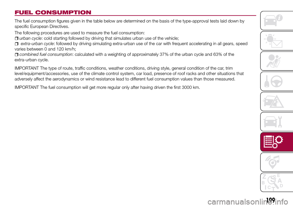 FIAT TIPO 4DOORS 2017 1.G Owners Manual FUEL CONSUMPTION
The fuel consumption figures given in the table below are determined on the basis of the type-approval tests laid down by
specific European Directives.
The following procedures are us