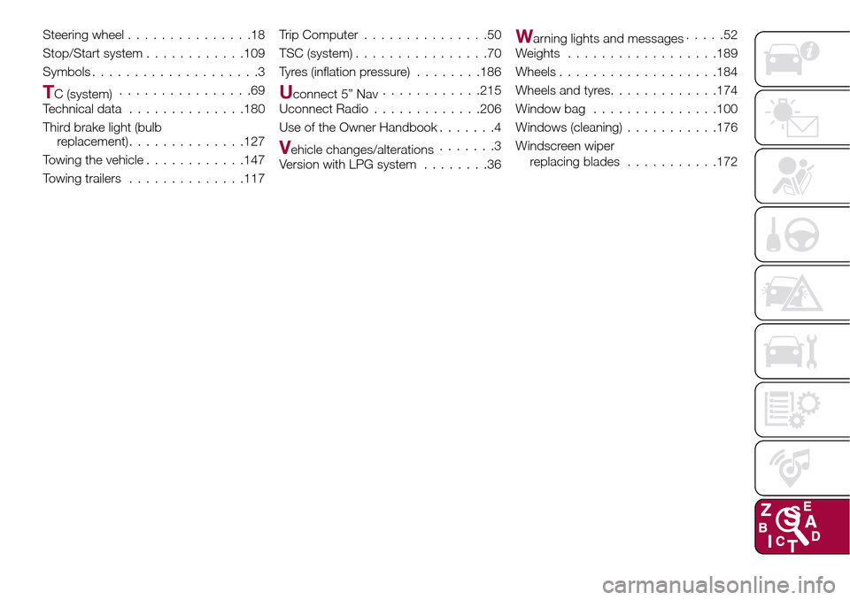 FIAT TIPO 4DOORS 2017 1.G Owners Manual Steering wheel...............18
Stop/Start system............109
Symbols....................3
TC (system)................69
Technical data..............180
Third brake light (bulb
replacement)........