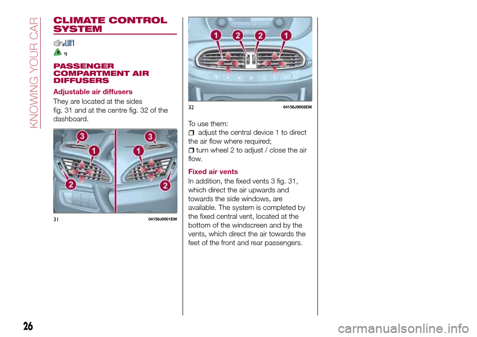 FIAT TIPO 4DOORS 2017 1.G Owners Manual CLIMATE CONTROL
SYSTEM
1)
PASSENGER
COMPARTMENT AIR
DIFFUSERS
Adjustable air diffusers
They are located at the sides
fig. 31 and at the centre fig. 32 of the
dashboard.
To use them:
adjust the central FIAT TIPO 4DOORS 2017 1.G Owners Manual CLIMATE CONTROL
SYSTEM
1)
PASSENGER
COMPARTMENT AIR
DIFFUSERS
Adjustable air diffusers
They are located at the sides
fig. 31 and at the centre fig. 32 of the
dashboard.
To use them:
adjust the central