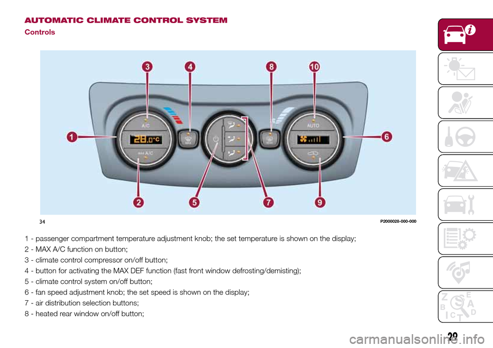 FIAT TIPO 4DOORS 2017 1.G Owners Guide AUTOMATIC CLIMATE CONTROL SYSTEM
Controls
1 - passenger compartment temperature adjustment knob; the set temperature is shown on the display;
2 - MAX A/C function on button;
3 - climate control compre FIAT TIPO 4DOORS 2017 1.G Owners Guide AUTOMATIC CLIMATE CONTROL SYSTEM
Controls
1 - passenger compartment temperature adjustment knob; the set temperature is shown on the display;
2 - MAX A/C function on button;
3 - climate control compre
