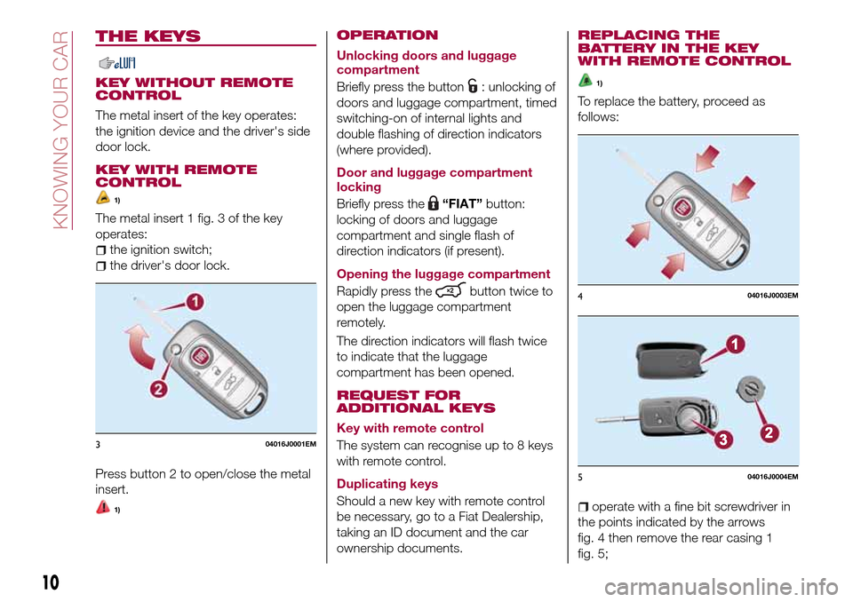 FIAT TIPO 5DOORS STATION WAGON 2016 1.G User Guide THE KEYS
KEY WITHOUT REMOTE
CONTROL
The metal insert of the key operates:
the ignition device and the drivers side
door lock.
KEY WITH REMOTE
CONTROL
1)
The metal insert 1 fig. 3 of the key
operates: