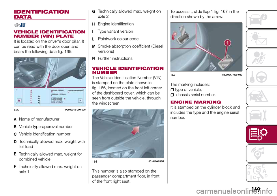 FIAT TIPO 5DOORS STATION WAGON 2016 1.G Owners Manual IDENTIFICATION
DATA
VEHICLE IDENTIFICATION
NUMBER (VIN) PLATE
It is located on the drivers door pillar. It
can be read with the door open and
bears the following data fig. 165:
AName of manufacturer
