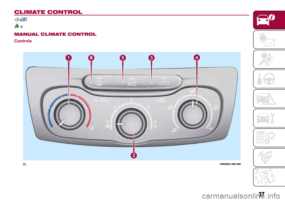 FIAT TIPO 5DOORS STATION WAGON 2016 1.G Owners Manual CLIMATE CONTROL
2)
MANUAL CLIMATE CONTROL
Controls
35P2000027-000-000
27 