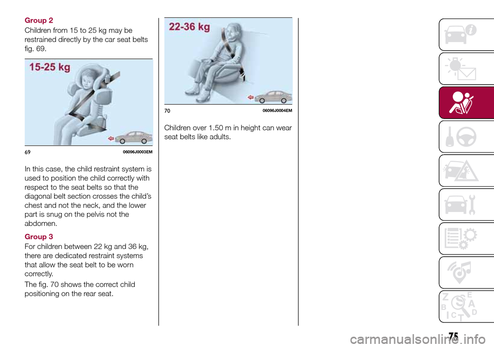 FIAT TIPO 5DOORS STATION WAGON 2016 1.G Owners Manual Group 2
Children from 15 to 25 kg may be
restrained directly by the car seat belts
fig. 69.
In this case, the child restraint system is
used to position the child correctly with
respect to the seat be