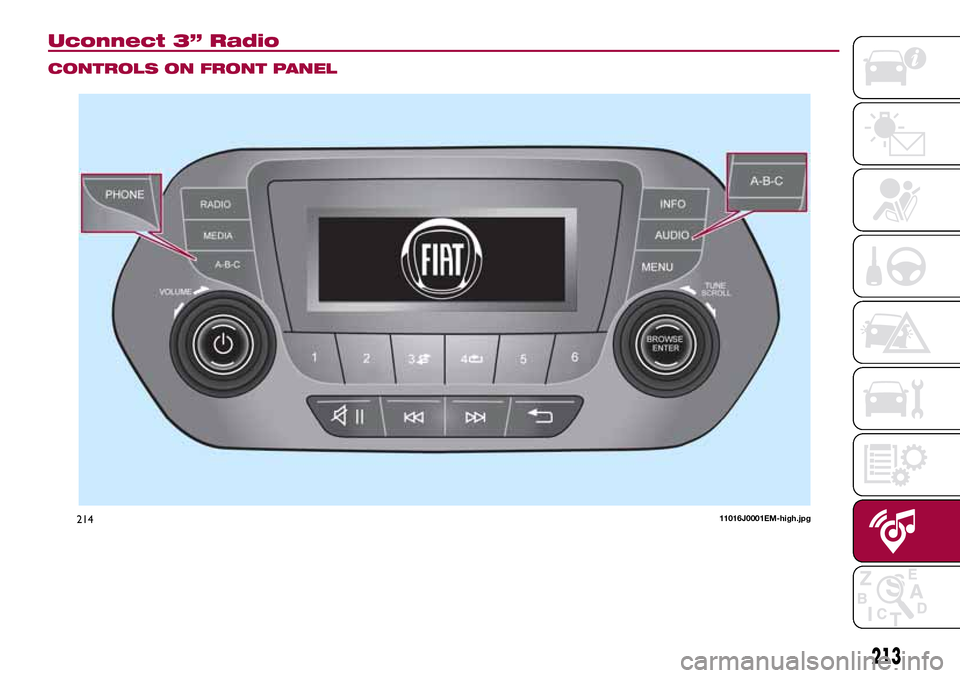 FIAT TIPO 5DOORS STATION WAGON 2017 1.G Owners Manual Uconnect 3” Radio
CONTROLS ON FRONT PANEL
21411016J0001EM-high.jpg
213 
