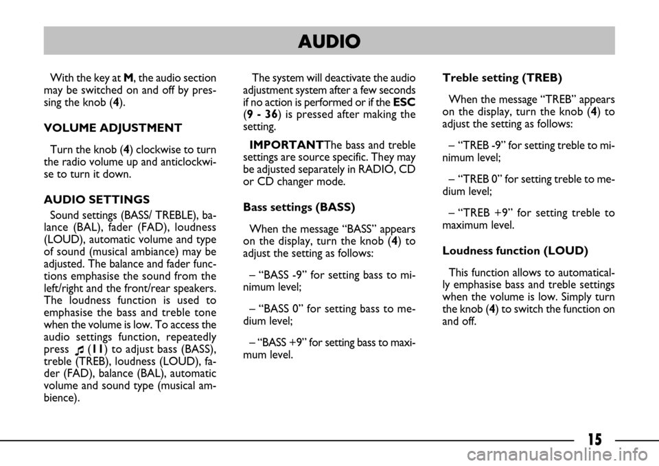 FIAT ULYSSE 2007 2.G Connect NavPlus Manual 15
With the key at M, the audio section
may be switched on and off by pres-
sing the knob (4).
VOLUME ADJUSTMENT
Turn the knob (4) clockwise to turn
the radio volume up and anticlockwi-
se to turn it FIAT ULYSSE 2007 2.G Connect NavPlus Manual 15
With the key at M, the audio section
may be switched on and off by pres-
sing the knob (4).
VOLUME ADJUSTMENT
Turn the knob (4) clockwise to turn
the radio volume up and anticlockwi-
se to turn it