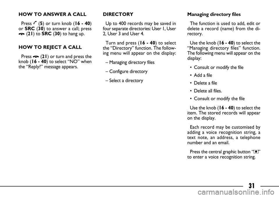 FIAT ULYSSE 2007 2.G Connect NavPlus Manual 31
HOW TO ANSWER A CALL
Press £(5) or turn knob (16 - 40)
or SRC(30) to answer a call; press
Ô(21) to SRC(30) to hang up.
HOW TO REJECT A CALL
Press
Ô(21) or turn and press the
knob (16 - 40) to FIAT ULYSSE 2007 2.G Connect NavPlus Manual 31
HOW TO ANSWER A CALL
Press £(5) or turn knob (16 - 40)
or SRC(30) to answer a call; press
Ô(21) to SRC(30) to hang up.
HOW TO REJECT A CALL
Press
Ô(21) or turn and press the
knob (16 - 40) to