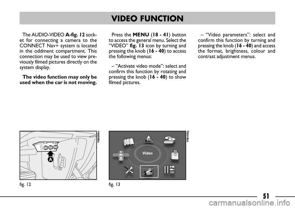 FIAT ULYSSE 2007 2.G Connect NavPlus Manual 51
fig. 12
F0B0293m
The AUDIO-VIDEO A-fig. 12sock-
et for connecting a camera to the
CONNECT Nav+ system is located
in the oddment compartment. This
connection may be used to view pre-
viously filmed FIAT ULYSSE 2007 2.G Connect NavPlus Manual 51
fig. 12
F0B0293m
The AUDIO-VIDEO A-fig. 12sock-
et for connecting a camera to the
CONNECT Nav+ system is located
in the oddment compartment. This
connection may be used to view pre-
viously filmed
