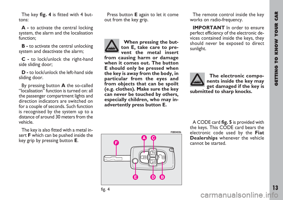 FIAT ULYSSE 2007 2.G Owners Manual GETTING TO KNOW YOUR CAR
13
A CODE card fig. 5is provided with
the keys. This CODE card bears the
electronic code used by the Fiat
Dealershipswhenever the vehicle
cannot be started.  The key fig. 4is 