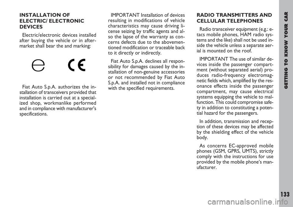 FIAT ULYSSE 2007 2.G Owners Manual GETTING TO KNOW YOUR CAR
133
INSTALLATION OF
ELECTRIC/ ELECTRONIC
DEVICES
Electric/electronic devices installed
after buying the vehicle or in after-
market shall bear the and marking:
Fiat Auto S.p.A FIAT ULYSSE 2007 2.G Owners Manual GETTING TO KNOW YOUR CAR
133
INSTALLATION OF
ELECTRIC/ ELECTRONIC
DEVICES
Electric/electronic devices installed
after buying the vehicle or in after-
market shall bear the and marking:
Fiat Auto S.p.A