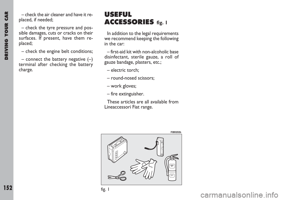 FIAT ULYSSE 2007 2.G User Guide DRIVING YOUR CAR
152
USEFUL
ACCESSORIES
fig. 1
In addition to the legal requirements
we recommend keeping the following
in the car:
– first-aid kit with non-alcoholic base
disinfectant, sterile gauz FIAT ULYSSE 2007 2.G User Guide DRIVING YOUR CAR
152
USEFUL
ACCESSORIES
fig. 1
In addition to the legal requirements
we recommend keeping the following
in the car:
– first-aid kit with non-alcoholic base
disinfectant, sterile gauz
