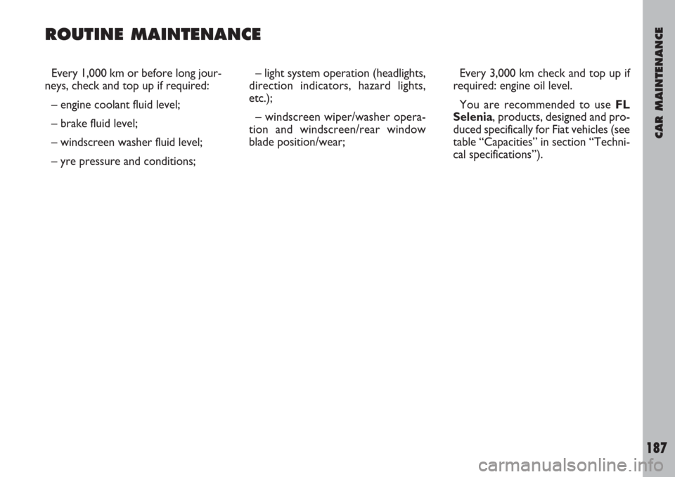 FIAT ULYSSE 2007 2.G Owners Manual CAR MAINTENANCE
187
Every 1,000 km or before long jour-
neys, check and top up if required:
– engine coolant fluid level;
– brake fluid level;
– windscreen washer fluid level;
– yre pressure a