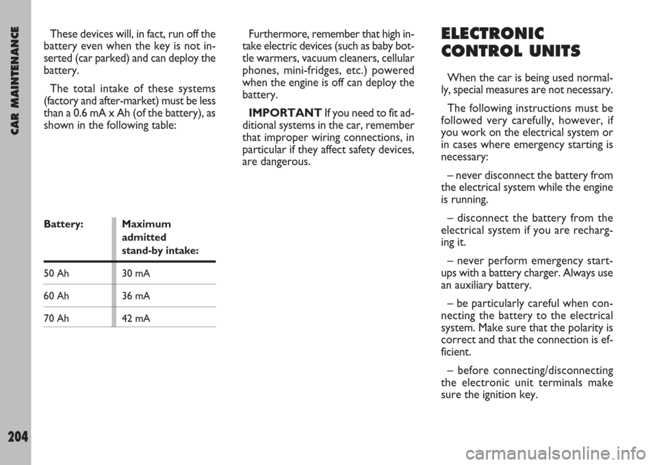 FIAT ULYSSE 2007 2.G Owners Manual CAR MAINTENANCE
204
These devices will, in fact, run off the
battery even when the key is not in-
serted (car parked) and can deploy the
battery.
The total intake of these systems
(factory and after-m