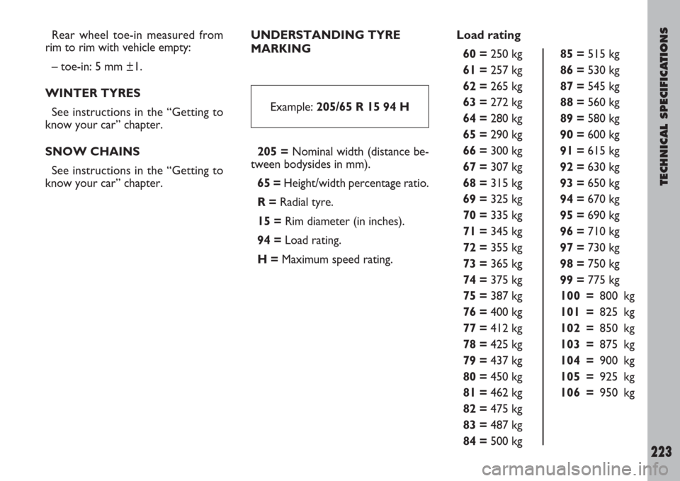 FIAT ULYSSE 2007 2.G Owners Manual TECHNICAL SPECIFICATIONS
223
Rear wheel toe-in measured from
rim to rim with vehicle empty:
– toe-in: 5 mm ±1.
WINTER TYRES
See instructions in the “Getting to
know your car” chapter.
SNOW CHAI