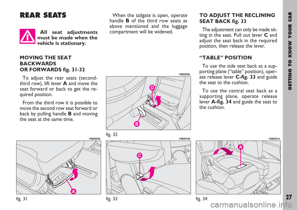 FIAT ULYSSE 2007 2.G Owners Manual GETTING TO KNOW YOUR CAR
27
REAR SEATSWhen the tailgate is open, operate
handle Bof the third row seats as
above mentioned and the luggage
compartment will be widened.TO ADJUST THE RECLINING
SEAT BACK