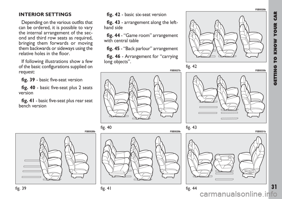 FIAT ULYSSE 2007 2.G Owners Manual GETTING TO KNOW YOUR CAR
31
INTERIOR SETTINGS
Depending on the various outfits that
can be ordered, it is possible to vary
the internal arrangement of the sec-
ond and third row seats as required,
bri