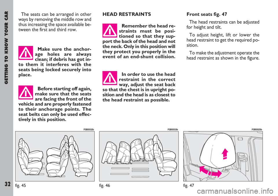 FIAT ULYSSE 2007 2.G Owners Manual GETTING TO KNOW YOUR CAR
32
Make sure the anchor-
age holes are always
clean; if debris has got in-
to them it interferes with the
seats being locked securely into
place.
Before starting off again,
ma