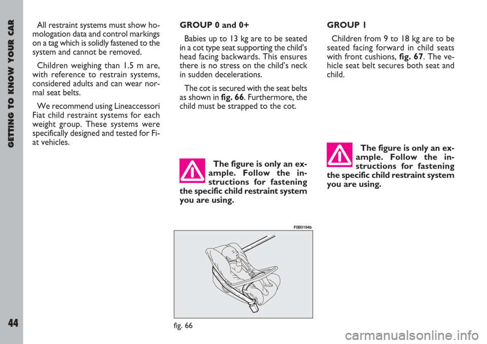 FIAT ULYSSE 2007 2.G Owners Manual GETTING TO KNOW YOUR CAR
44
All restraint systems must show ho-
mologation data and control markings
on a tag which is solidly fastened to the
system and cannot be removed.
Children weighing than 1.5 