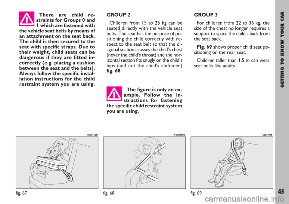 FIAT ULYSSE 2007 2.G Service Manual GETTING TO KNOW YOUR CAR
45
There are child re-
straints for Groups 0 and
1 which are fastened with
the vehicle seat belts by means of
an attachment on the seat back.
The child is then secured to the
FIAT ULYSSE 2007 2.G Service Manual GETTING TO KNOW YOUR CAR
45
There are child re-
straints for Groups 0 and
1 which are fastened with
the vehicle seat belts by means of
an attachment on the seat back.
The child is then secured to the