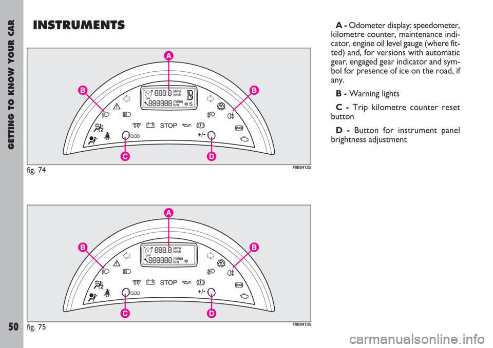 FIAT ULYSSE 2007 2.G Owners Manual GETTING TO KNOW YOUR CAR
50
INSTRUMENTSA -Odometer display: speedometer,
kilometre counter, maintenance indi-
cator, engine oil level gauge (where fit-
ted) and, for versions with automatic
gear, enga