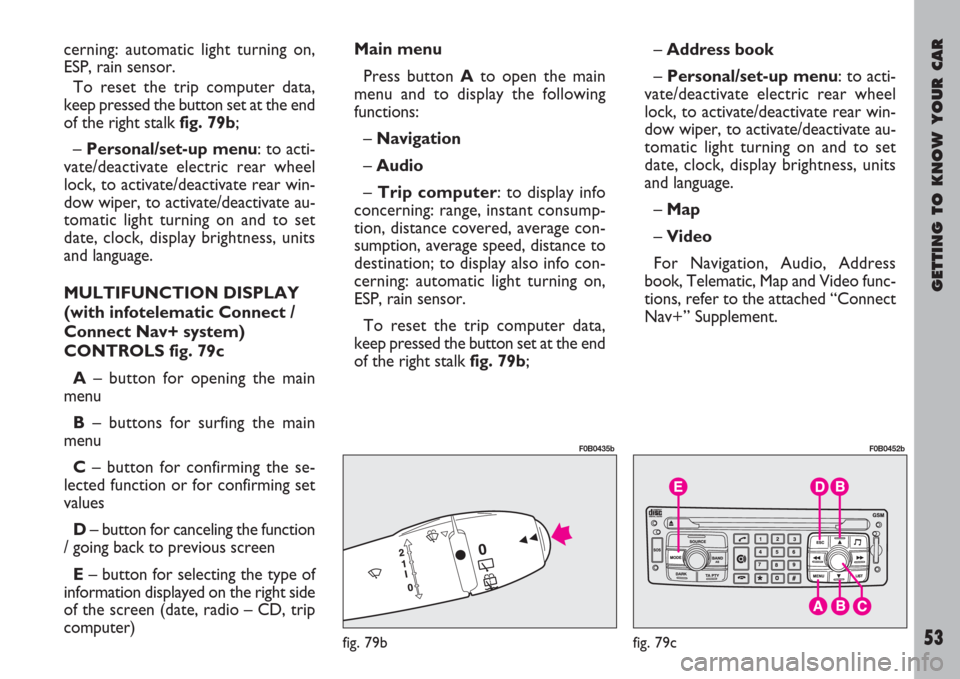FIAT ULYSSE 2007 2.G Owners Manual GETTING TO KNOW YOUR CAR
53
cerning: automatic light turning on,
ESP, rain sensor.
To reset the trip computer data,
keep pressed the button set at the end
of the right stalk fig. 79b;
– Personal/set FIAT ULYSSE 2007 2.G Owners Manual GETTING TO KNOW YOUR CAR
53
cerning: automatic light turning on,
ESP, rain sensor.
To reset the trip computer data,
keep pressed the button set at the end
of the right stalk fig. 79b;
– Personal/set