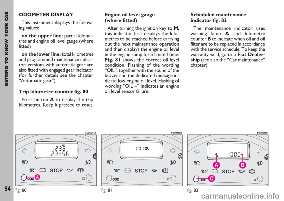 FIAT ULYSSE 2007 2.G Owners Manual GETTING TO KNOW YOUR CAR
54
ODOMETER DISPLAY 
This instrument displays the follow-
ing values:
on the upper line:partial kilome-
tres and engine oil level gauge (where
fitted)
on the lower line:total 