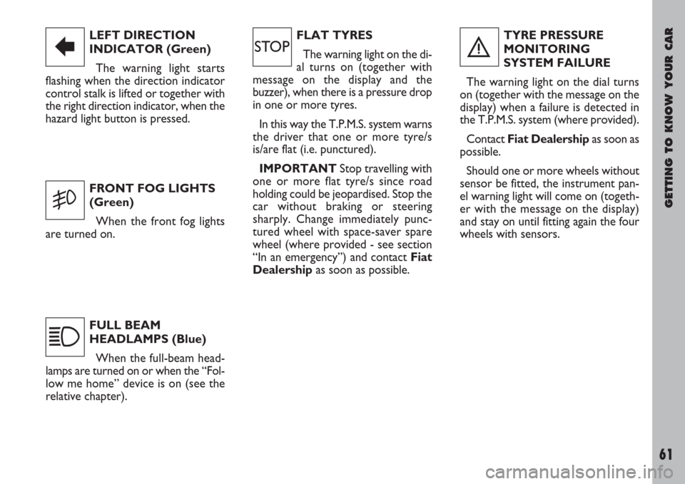 FIAT ULYSSE 2007 2.G Owners Manual GETTING TO KNOW YOUR CAR
61
LEFT DIRECTION
INDICATOR (Green)
The warning light starts
flashing when the direction indicator
control stalk is lifted or together with
the right direction indicator, when