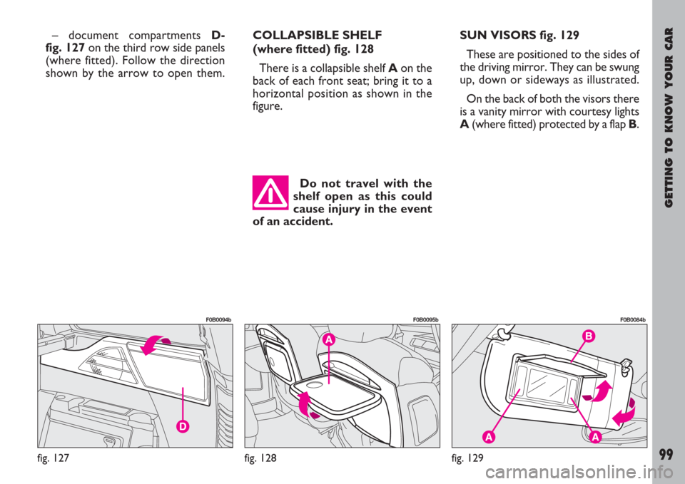FIAT ULYSSE 2007 2.G Owners Manual GETTING TO KNOW YOUR CAR
99
– document compartments D-
fig. 127on the third row side panels
(where fitted). Follow the direction
shown by the arrow to open them.COLLAPSIBLE SHELF 
(where fitted) fig