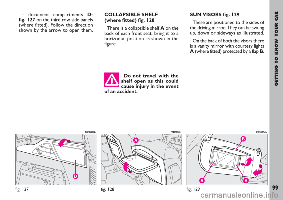FIAT ULYSSE 2007 2.G Owners Manual GETTING TO KNOW YOUR CAR
99
– document compartments D-
fig. 127on the third row side panels
(where fitted). Follow the direction
shown by the arrow to open them.COLLAPSIBLE SHELF
(where fitted) fig FIAT ULYSSE 2007 2.G Owners Manual GETTING TO KNOW YOUR CAR
99
– document compartments D-
fig. 127on the third row side panels
(where fitted). Follow the direction
shown by the arrow to open them.COLLAPSIBLE SHELF
(where fitted) fig