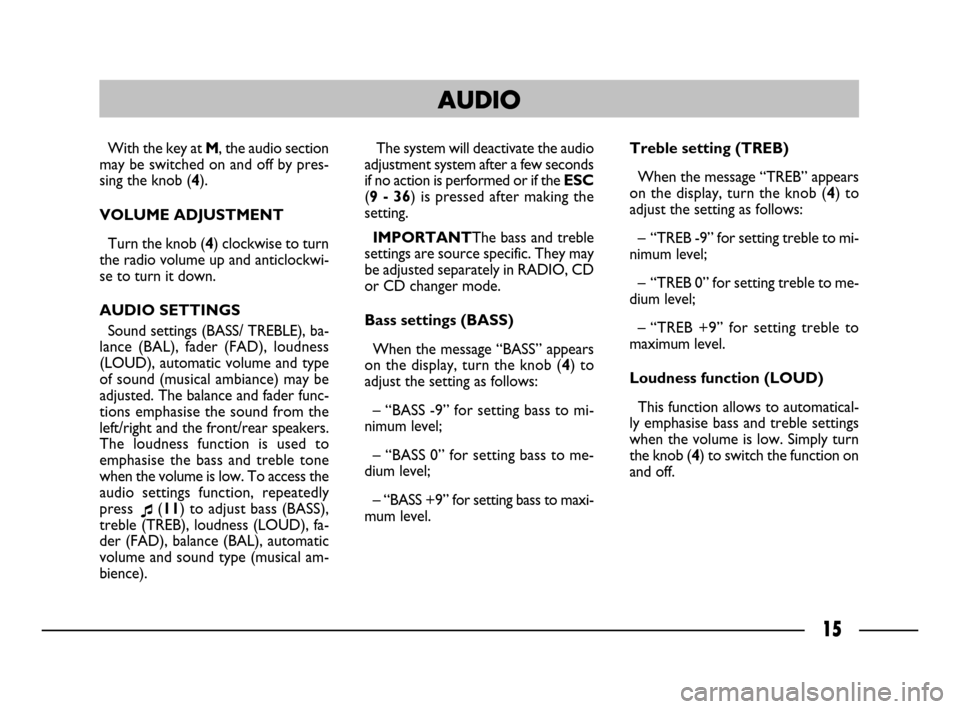 FIAT ULYSSE 2008 2.G Connect NavPlus Manual 15
With the key at M, the audio section
may be switched on and off by pres-
sing the knob (4).
VOLUME ADJUSTMENT
Turn the knob (4) clockwise to turn
the radio volume up and anticlockwi-
se to turn it 