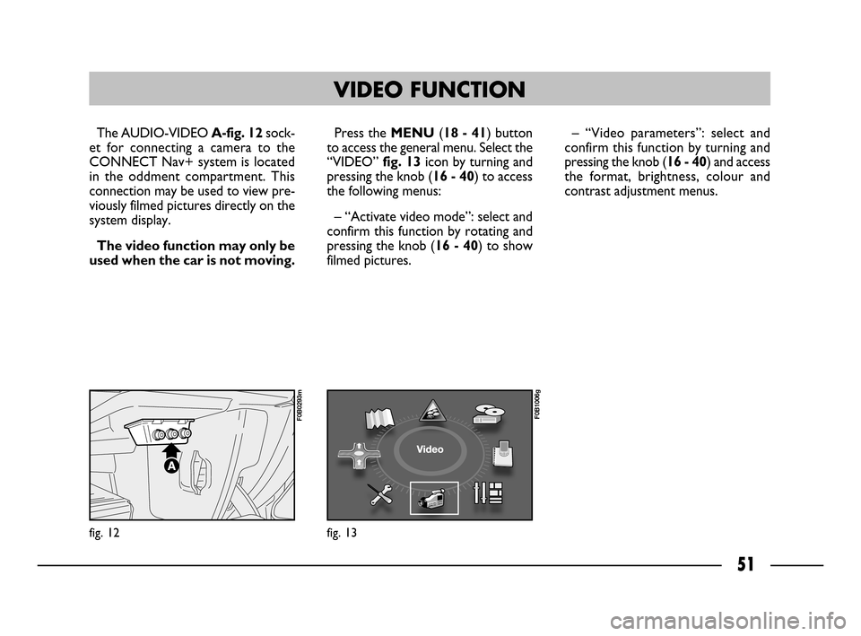 FIAT ULYSSE 2008 2.G Connect NavPlus Manual 51
fig. 12
F0B0293m
The AUDIO-VIDEO A-fig. 12sock-
et for connecting a camera to the
CONNECT Nav+ system is located
in the oddment compartment. This
connection may be used to view pre-
viously filmed FIAT ULYSSE 2008 2.G Connect NavPlus Manual 51
fig. 12
F0B0293m
The AUDIO-VIDEO A-fig. 12sock-
et for connecting a camera to the
CONNECT Nav+ system is located
in the oddment compartment. This
connection may be used to view pre-
viously filmed