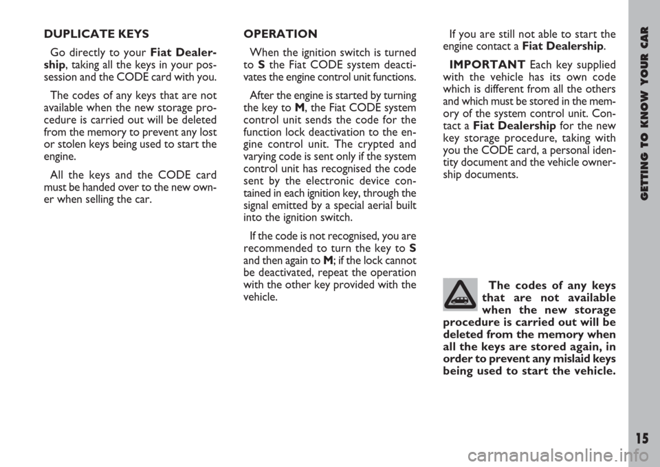 FIAT ULYSSE 2008 2.G Owners Manual GETTING TO KNOW YOUR CAR
15
DUPLICATE KEYS
Go directly to your Fiat Dealer-
ship, taking all the keys in your pos-
session and the CODE card with you.
The codes of any keys that are not
available when