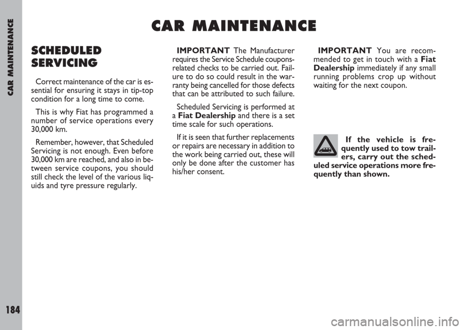 FIAT ULYSSE 2008 2.G Owners Manual CAR MAINTENANCE
184
C C
A A
R R
M M
A A
I I
N N
T T
E E
N N
A A
N N
C C
E E
SCHEDULED
SERVICING
Correct maintenance of the car is es-
sential for ensuring it stays in tip-top
condition for a long time FIAT ULYSSE 2008 2.G Owners Manual CAR MAINTENANCE
184
C C
A A
R R
M M
A A
I I
N N
T T
E E
N N
A A
N N
C C
E E
SCHEDULED
SERVICING
Correct maintenance of the car is es-
sential for ensuring it stays in tip-top
condition for a long time