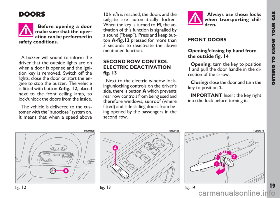 FIAT ULYSSE 2008 2.G Owners Manual GETTING TO KNOW YOUR CAR
19
DOORS10 km/h is reached, the doors and the
tailgate are automatically locked.
When the key is turned to M, the ac-
tivation of this function is signalled by
a sound (“bee